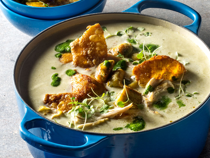 Soupe crémeuse de poireaux au poulet et ses gnocchis aux herbes